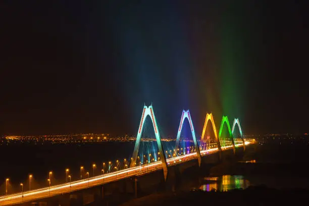 Photo of Aerial skyline view of Hanoi city, Vietnam. Hanoi cityscape by sunset period at Nhat Tan bridge