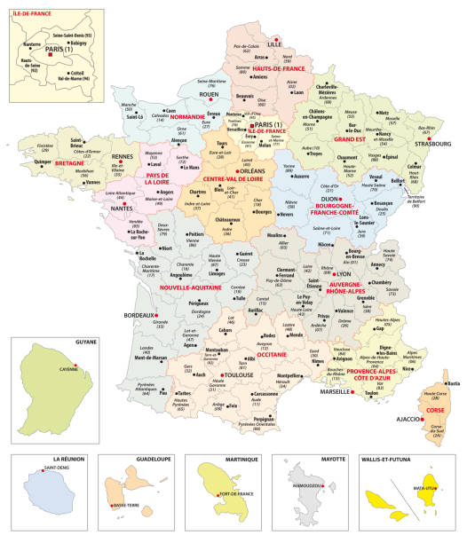 ilustraciones, imágenes clip art, dibujos animados e iconos de stock de mapa administrativo de las 13 regiones de francia y territorios de ultramar - territories