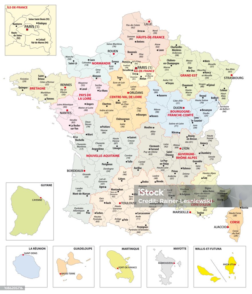 Mapa administrativo das 13 regiões da França e territórios ultramarinos - Vetor de França royalty-free