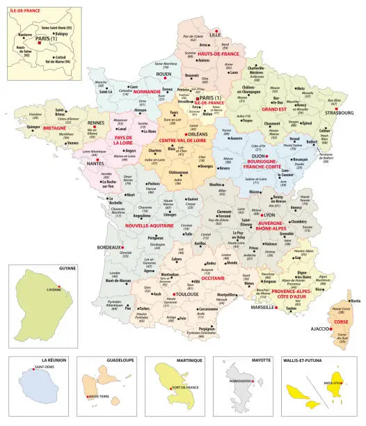 Vector illustration of Administrative map of the 13 regions of France and overseas territories