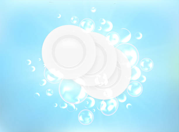 istock Realistic Dish on beautiful colored background and soap bubbles, dish wash illustration , template for design. 1086206824
