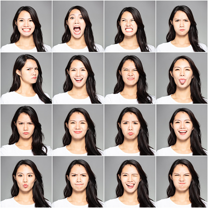 collage con diferentes emociones en mujer joven photo