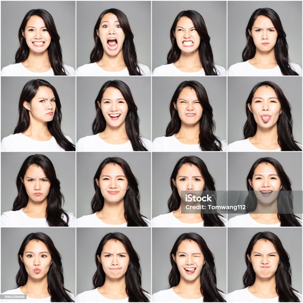 colagem com emoções diferentes na mesma mulher jovem - Foto de stock de Expressão Facial royalty-free