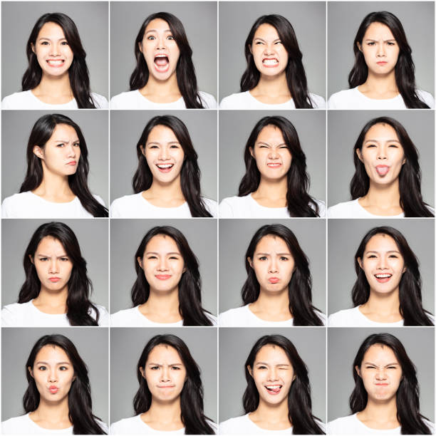 collage with different emotions in same young woman - serious women asian ethnicity human face imagens e fotografias de stock