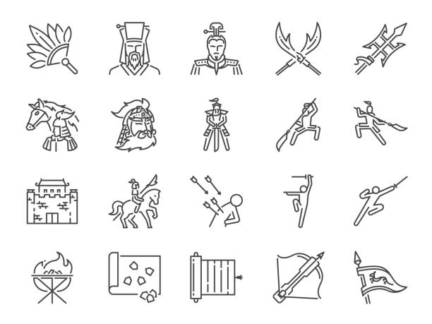 ilustrações de stock, clip art, desenhos animados e ícones de chinese ancient war line icon set. included the icons as military, soldier, battle, weapon, fight and more. - halberd