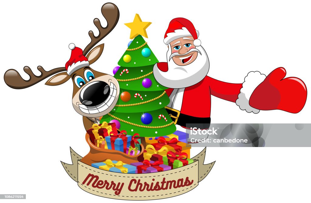 Ilustración de Dibujos Animados Graciosos Renos Y Santa Claus Deseando  Feliz Navidad Detrás De Árbol De Navidad Decorado Aislado y más Vectores  Libres de Derechos de Acontecimiento - iStock