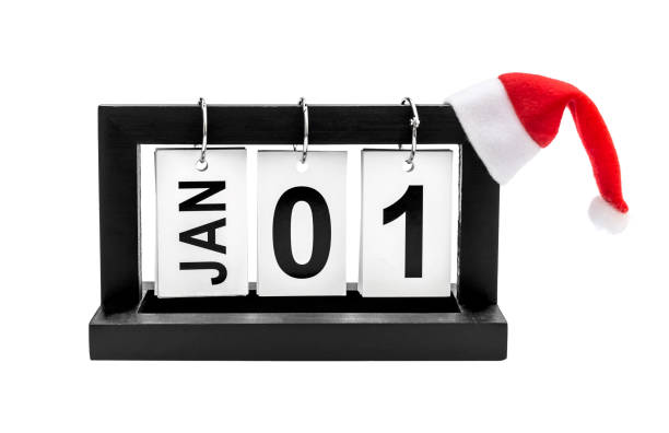 istock Date of first january with Santa's hat on white. 1086215718