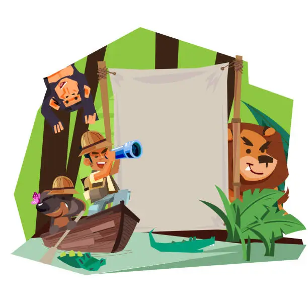 Vector illustration of adventure sign concept. Explorer man with his dog rowing on the wooden boat in rain forest river to explorer with blank sign - vector