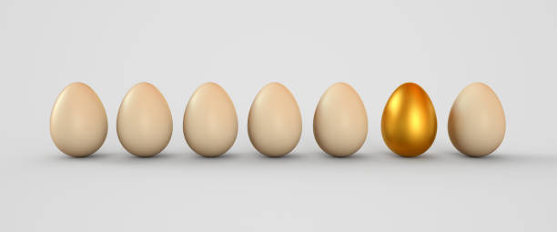 istock Golden egg in a row of the white eggs. Easter eggs. 3D rendering illustration. 1086227872