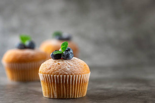 istock Blueberry muffins on grey background. Side view 1086236684