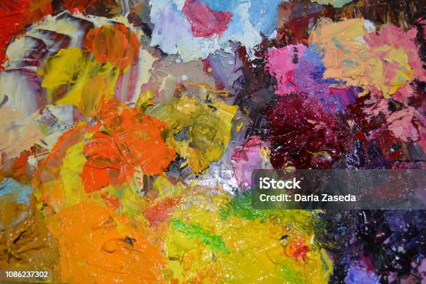 Oil Paints At The Glass Palette Abstract Art Background Stock