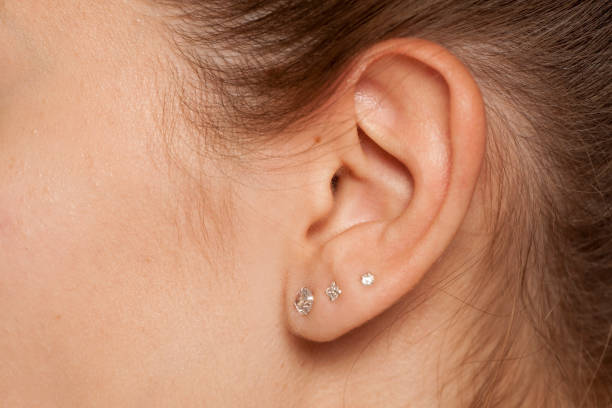 gros plan d’une oreille féminine avec trois boucles d’oreilles - perching photos et images de collection
