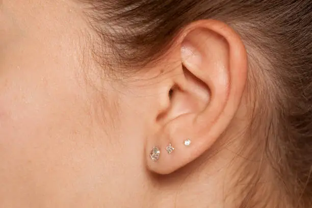 Photo of Closeup of female ear with three earrings
