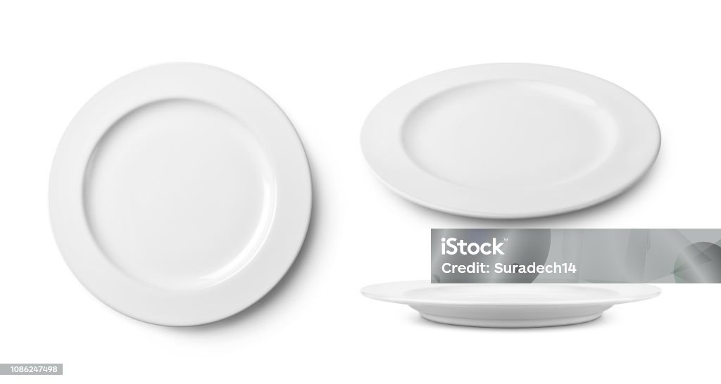 Three simple white ceramic plate with clipping path. Three empty ceramic round plate isolated on white with clipping path. Plate Stock Photo