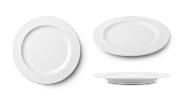 three simple white ceramic plate with clipping path. - plate ceramics pottery isolated imagens e fotografias de stock