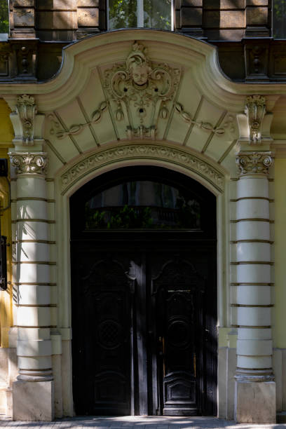 Budapest Hungary may 14 2018: The newly renovated classic gates style with ornaments from the XIX century, so typical of Budapest inner city.