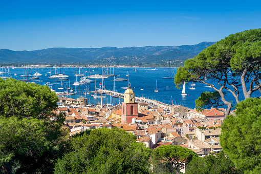 Saint-Tropez old town and yacht marina view from fortress on the hill. Provence Cote d'Azur, France.