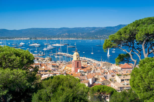 Saint-Tropez old town and yacht marina view from fortress on the hill Saint-Tropez old town and yacht marina view from fortress on the hill. Provence Cote d'Azur, France. anchored photos stock pictures, royalty-free photos & images
