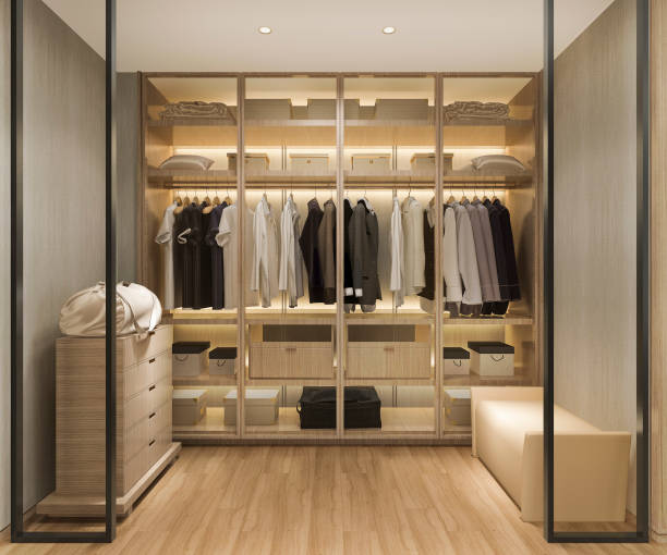 madera escandinava de 3d renderizado lujo caminar en armario con armario - vestuario fotografías e imágenes de stock
