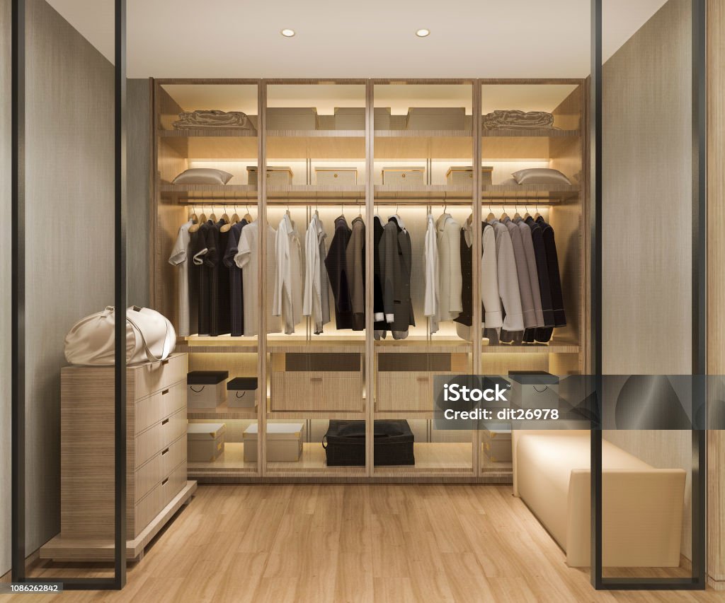 3d rendering luxury scandinavian wood walk in closet with wardrobe 3d rendering interior and exterior design Closet Stock Photo