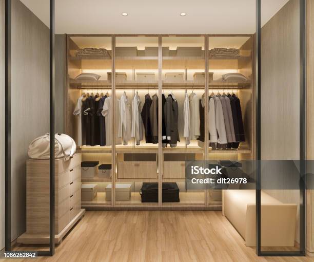 3d Rendering Luxury Scandinavian Wood Walk In Closet With Wardrobe Stock Photo - Download Image Now