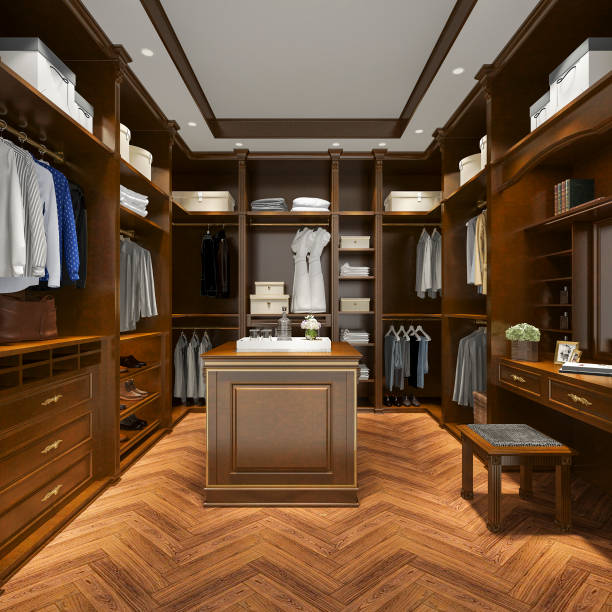 istock 3d rendering luxury scandinavian wood walk in closet with wardrobe 1086262854