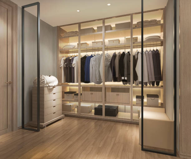 istock 3d rendering luxury scandinavian wood walk in closet with wardrobe 1086262856