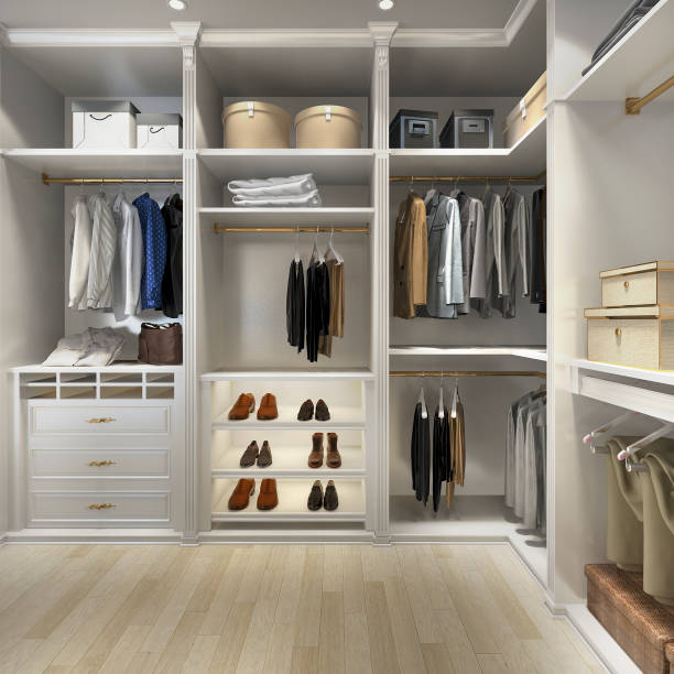 istock 3d rendering luxury scandinavian wood walk in closet with wardrobe 1086262862