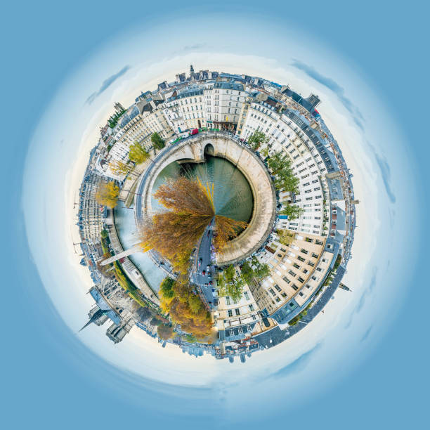 Little planet view of Panorama of Notre-dame-de-Paris and Seine river in Paris in autumn stock photo