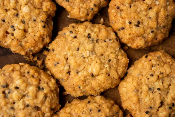 Close up vegan oatmeal chiaseeds cookies with natural light.