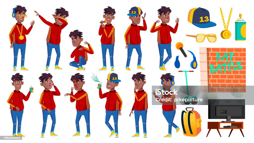 Rap Bottle Singer Boy Schoolboy Poses Set Vector. Black. Afro American. Child Pupil. Active, Joy, Leisure. For Advertisement, Greeting, Announcement Design. Isolated Cartoon Illustration Rap Bottle Singer Boy Schoolboy Poses Set Vector. Black. Afro American. Child Pupil. Active, Joy, Leisure. For Advertisement, Greeting, Announcement Design. Cartoon Illustration Rap stock vector