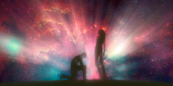 Silhouette of man in prayer pose. Man asking woman to marry him. Elements of this image furnished by NASA. Deep space filled with stars, nebula and galaxy. images-assets.nasa.gov/image/PIA12348/PIA12348~orig.jpg