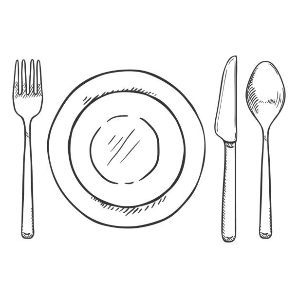 ilustrações de stock, clip art, desenhos animados e ícones de vector sketch dining set - fork, knife, spoon and plates. - table knife silverware black fork