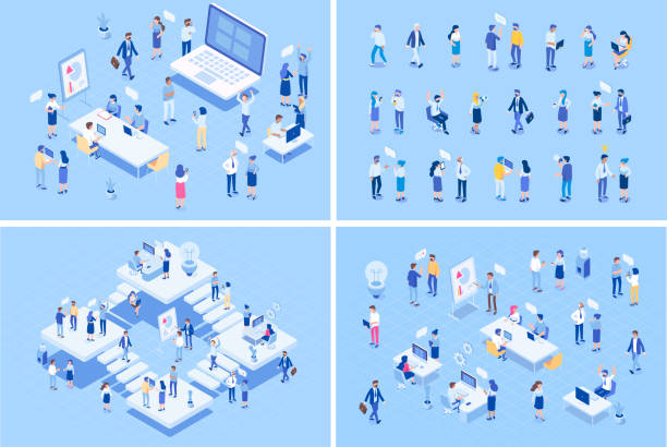 Teamwork, cooperation. Office people. Isometric people vector set. Isometric office workspace with people working together. Co working. Flat vector illustration. isometric projection stock illustrations