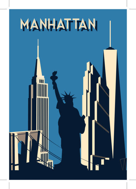 manhattan-retro poster - empire state building urban scene new york state new york city stock-grafiken, -clipart, -cartoons und -symbole