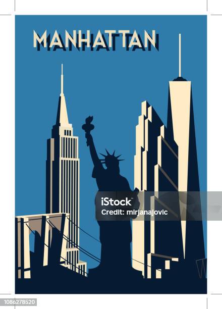Manhattan Ретро Плакат — стоковая векторная графика и другие изображения на тему Нью-Йорк - Нью-Йорк, Эмпайр Стейт Билдинг, Афиша