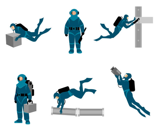 Working divers on white background Vector illustration of six working divers on white background sabotage icon stock illustrations