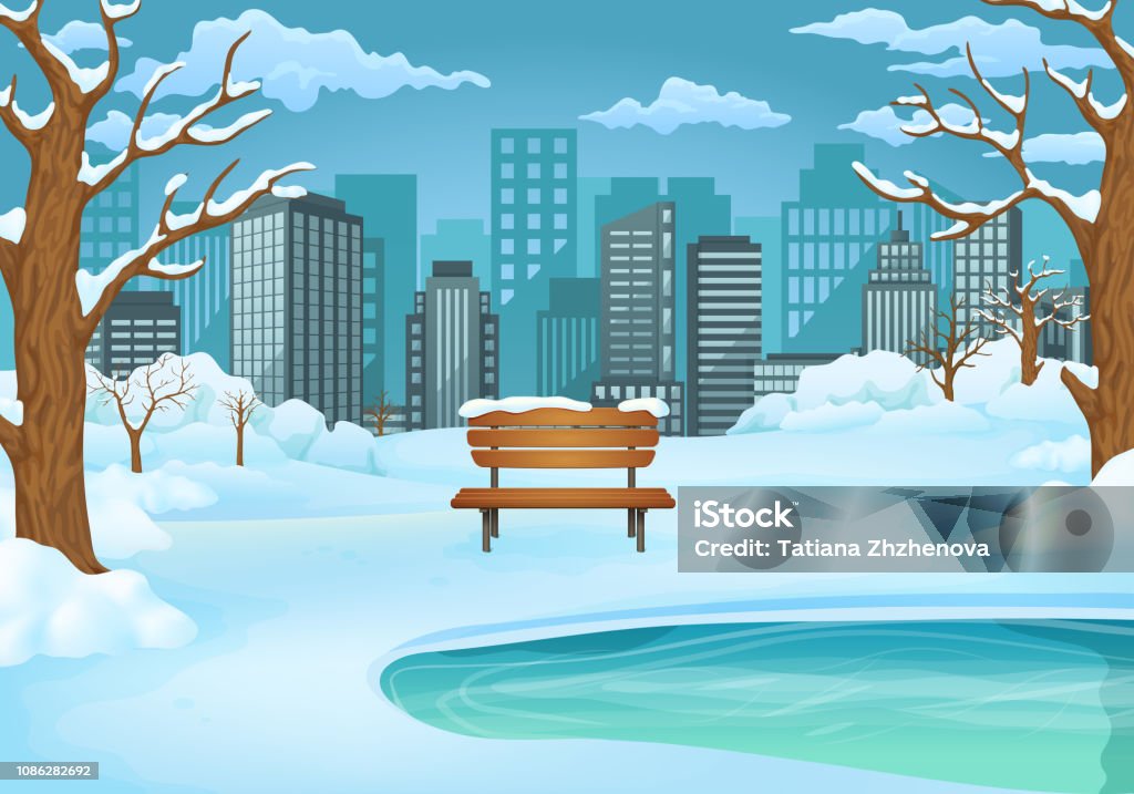 Winter day illustration. Snow covered wooden bench by the frozen lake with leafless trees and cityscape. Winter day vector illustration. Wooden bench by the frozen lake with snow covered bushes and bare trees. Cityscape with skyscrapers and blue sky with clouds in the background. Agricultural Field stock vector