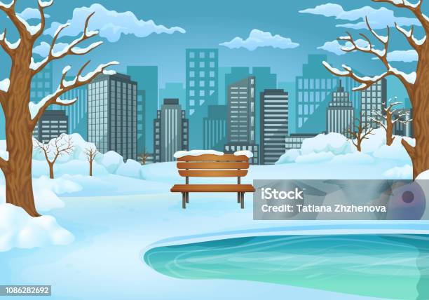 Winter Day Illustration Snow Covered Wooden Bench By The Frozen Lake With Leafless Trees And Cityscape Stock Illustration - Download Image Now