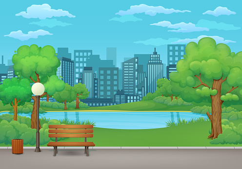 Summer, spring day park vector illustration. Wooden bench, trash bin and street lamp on an asphalt park trail with lush green trees, bushes, lake and cityscape with skyscrapers in the background.
