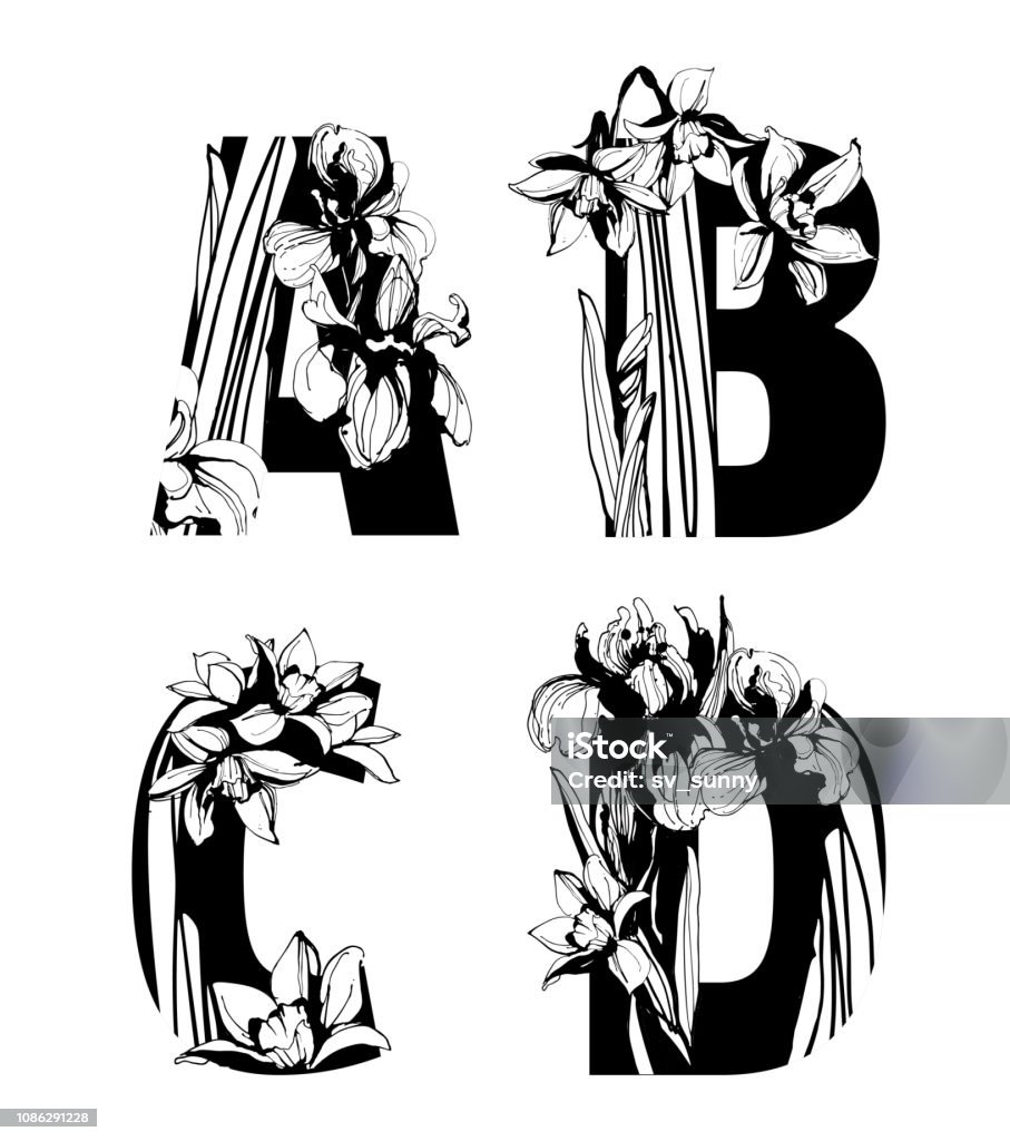 Decorative set of floral pattern flowers letters alphabet abc font. Decorative set floral pattern letter alphabet abc font. Lettering fashion hand drawn spring wild flowers ornament iris narcissus. Vector grunge pink and blue illustration t-shirt print. A, B, C, D Alphabet stock vector