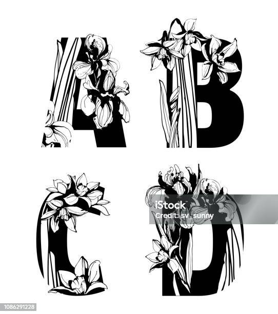 Decorative Set Of Floral Pattern Flowers Letters Alphabet Abc Font Stock Illustration - Download Image Now