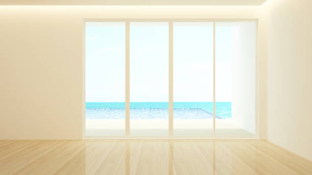 istock Empty room design and swimming pool sea view for artwork - Interior simple design - 3D Illustration 1086294480
