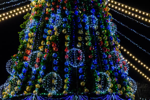 istock Christmas tree and christmas lights against black night sky 1086295970