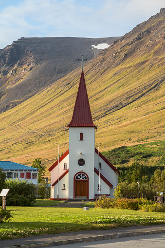 Beautiful church in small town Flateyri, west fjords in Iceland