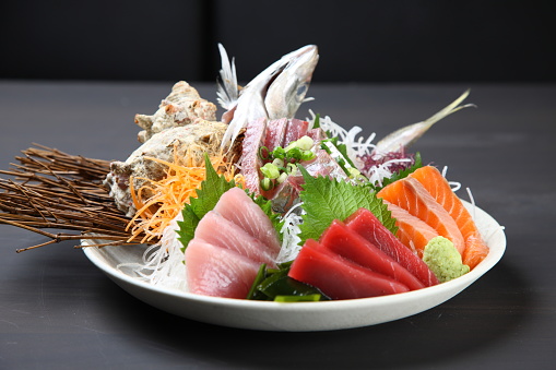 studio shot of fresh sashimi combo