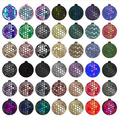 Set of 42 hexagon multi color bauble designs on an isolated white background