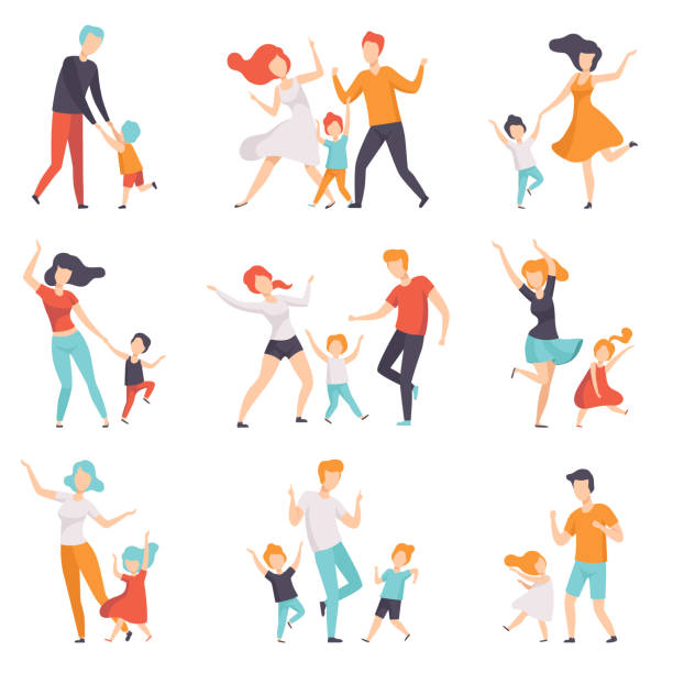 родители танцуют со своими детьми набор, дети хорошо провести время со своими папами и мамами вектор иллюстрации на белом фоне - happy family stock illustrations
