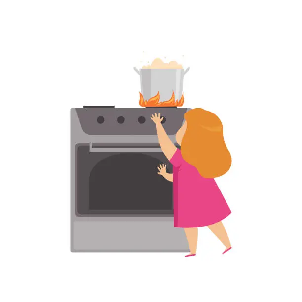 Vector illustration of Little girl playing in the kitchen with hot saucepan, kid in dangerous situation vector Illustration on a white background
