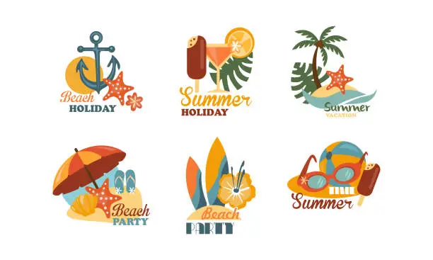 Vector illustration of Flat vector set of emblems related to summer holiday theme. Elements for beach party poster